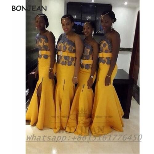 South African Bridesmaid Dresses 2021 Yellow Mermaid One Shoulder Lace Up Back Black Girls Bridesmaid Dress Party Dress