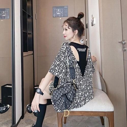 Medium Length Printed T-shirt Spring And Summer Korean Loose Womens Open Back Net Red Machine Top