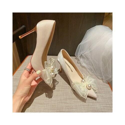2021 Summer Sweet Women Lace Pearl High Heels Sandals fashions Beauty Butterfly Knots Closed Toe Sandals Drag Queen Bridal Shoes