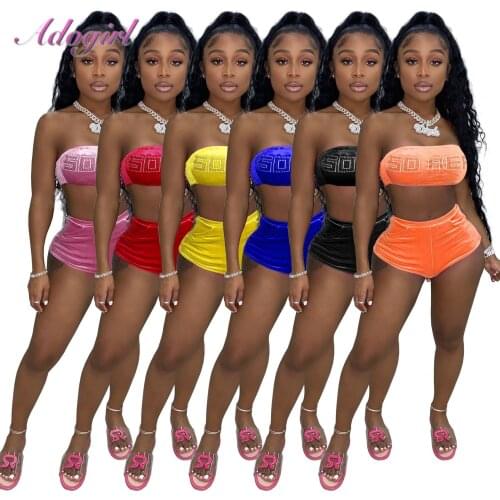Crystal Velvet Two Piece Set Women Summer Suit Tracksuit Casual Off Shoulder Crop Top Jogger Shorts Outfit Party Matching Set