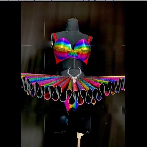 Women party Rainbow laser costume stage dance wear Bar business performance Christmas New Years Eve leather gogo show outfit