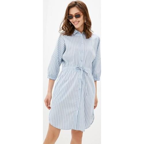 Shyloli Women Casual Straight Turn-down Collar Sashes Lantern Sleeve Single Breasted Mini Dress Blue Striped 2021 New Dress