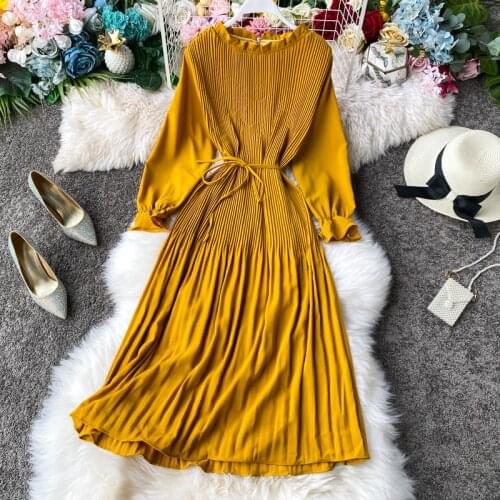Elegant Office Lady Chiffon Dress Women Sweet Ruffles Sashes High Waist party dress Flare Sleeve Pleated Dress vestido de mujer