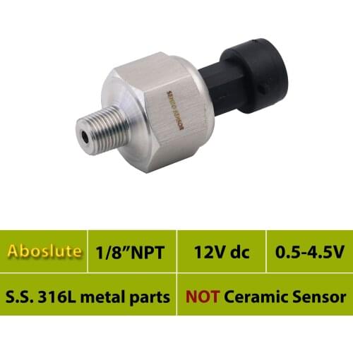 12V, 0.5 4.5V signal, abs transducer, pressure sensor, 30, 50, 75 psi absolute, 4bar, 16bar, 10bar, 2.5 mpa, AISI 316L diaphragm