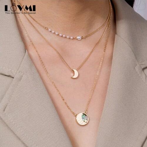 2021 Goth Fashion Women Jewelry Gold Necklace Set 3 Layers with Pearl Star Moon Shapes Pendant Ornament Wholesales Dropshipment