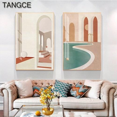 Abstract Seaside Cottage Painting Swimming Pool Posters and Prints Modern Wall Artpictures for Living Room Nordic Canvas Poster