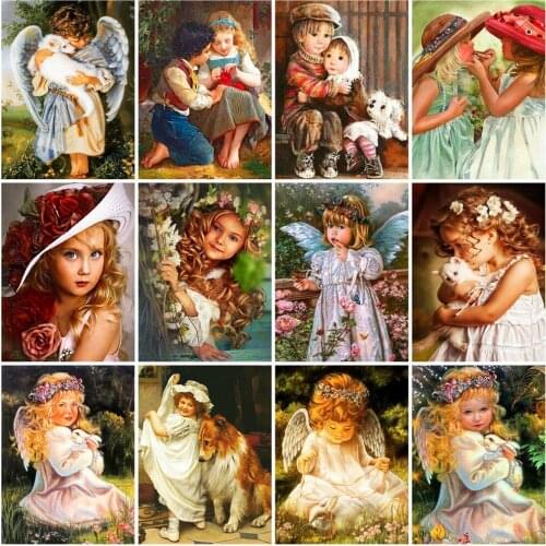 Huacan 5D Diamond Painting Full Drill Angel Girl Diamond Mosaic Embroidery Portrait Picture Of Rhinestones Bedroom Decoration