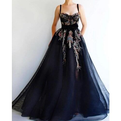 Black Long Tulle Appliques 2021 Prom Dresses with Pockets A Line Spaghetti Straps Formal Evening Party Dress Robe De Soiree