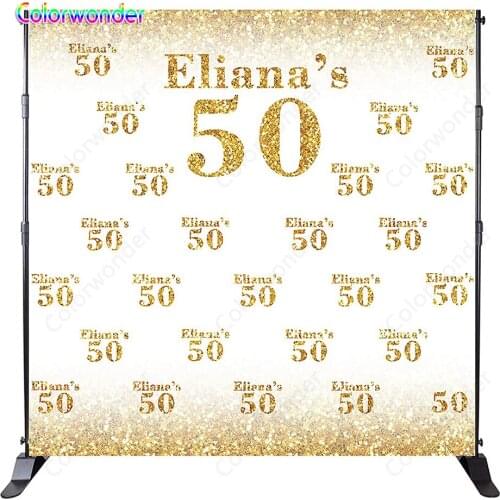 Colorwonder Vinyl Golden Words Customized Name 5x7ft White Backdrop with Glitter Powder for Fifty Birthday Party Banner Decor