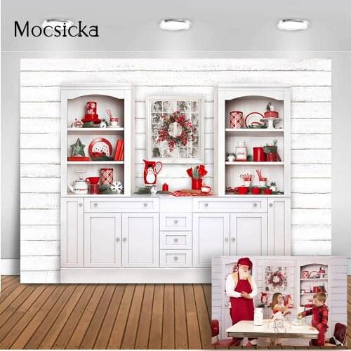 White cupboard wood wall backdrop kitchen living room photo booth background studio red Christmas party decoration photocall