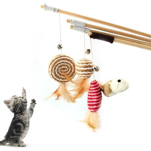 Hot Sale Pet Cat Teaser Toys Feather Linen Wand Cat Catcher Teaser Stick Cat Interactive Toys Wood Rod Mouse Toy Supplies