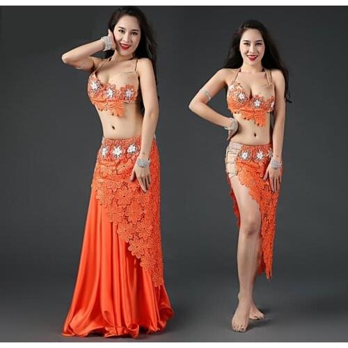 Bellydance Beading Rhinestone Bra Spandex lace Skirt Sexy Belly dance Performance Wears 4pcs set for women/female/lady Dancers