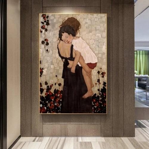 Mother Hold Child By Gustav Klimt Canvas Posters Abstract Paintings Prints Wall Art Cuadros for Living Room Decor Unframed