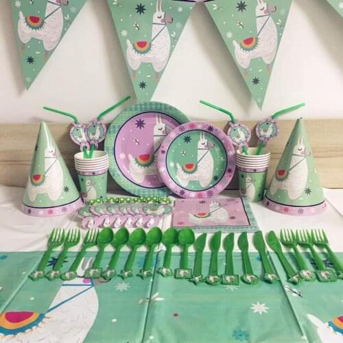 Cartoon Cute Alpaca Party Supplies Theme Baby Shower Kids Favor Event Birthday Party Decor Supplies Plates Cups Napkins Flag