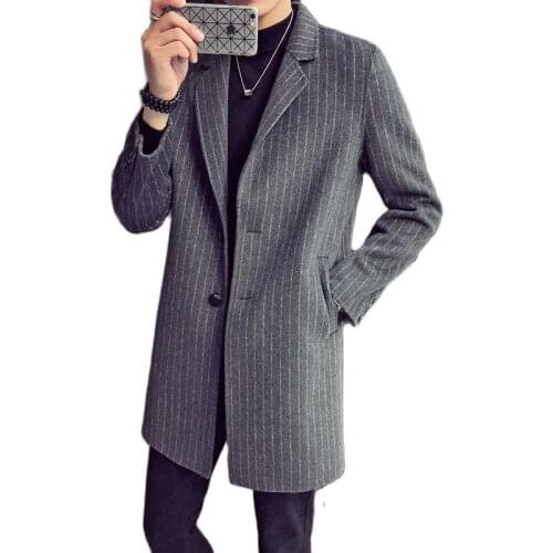 Mens Overcoat Korean-style Striped Woolen Male Trench Coat Men Plus Size Windbreaker New Autumn And Winter 2020 Mens
