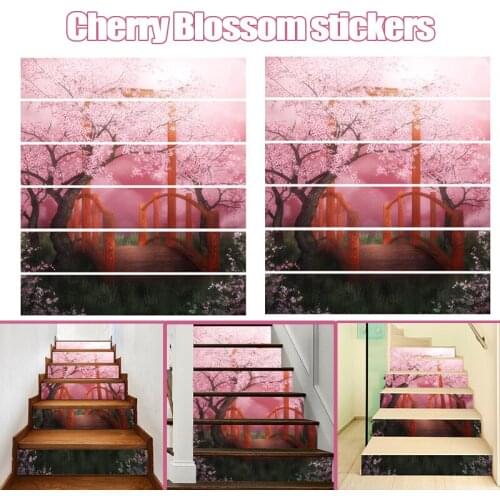 6pcs/set Stair Stickers Decals Cherry Blossoms Scene Self-Adhesive Stairs Risers Strips Murals Stickers Home Decoration 100x18cm