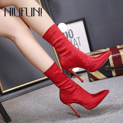 NIUFUNI 2020 Autumn Ankle Sock Boots Thin High Heels Elastic Women Boots Pointed Toe Women Shoes Sexy Party Ladies Comfort Boots