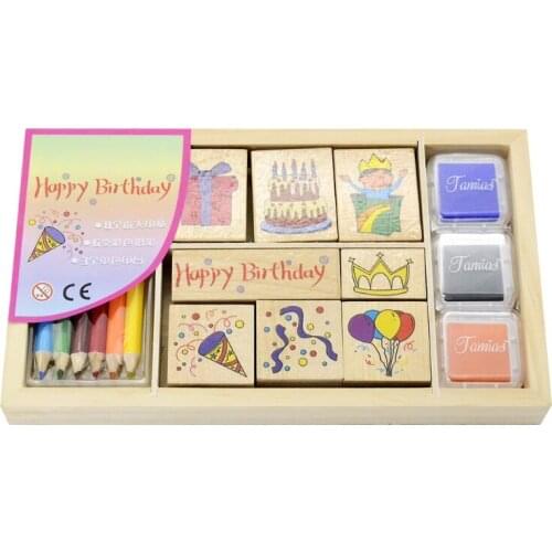 Happy Birthday Wooden Stamp Set 8 Stamps 6 Colored Pencils 3-Color Stamp Pad Scrapbooking Stationery DIY Arts Crafts