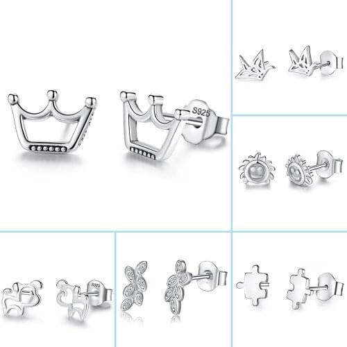 Fashion 925 Sterling Silver Small Earrings for Women Girls Crown Puzzle Animals Stud Earrings with CZ Statement Jewelry