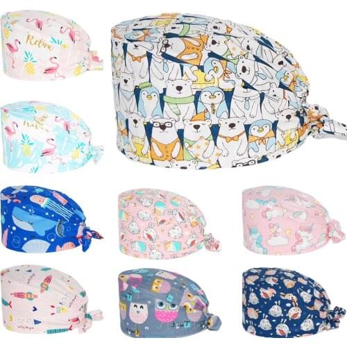 Unisex Scrub Cap Cotton Adjustable Pet Health Nursing Hat Nurse Uniform Accessories Anime Printing Pet Working Surgery Caps