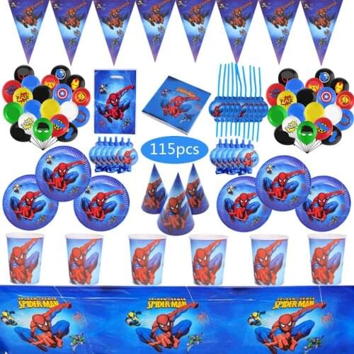 Superhero Party Supplies Balloons Paper Cups Straws Disposable Tableware Set Kids Boy Birthday Party Decoration Spider-Man Party