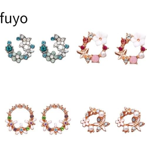 2019 Korean New Multicolor Rhinestone Heart Flower Stud Earrings For Women Sweet Wreath Ear Small Cirlce Earrings Brincos Gift
