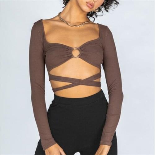 Women Sexy Hollow Out Pullover Solid Color Long Sleeve Square Collar Crop Tops Back Bandage Ribbed T-shirts Black/ Brown