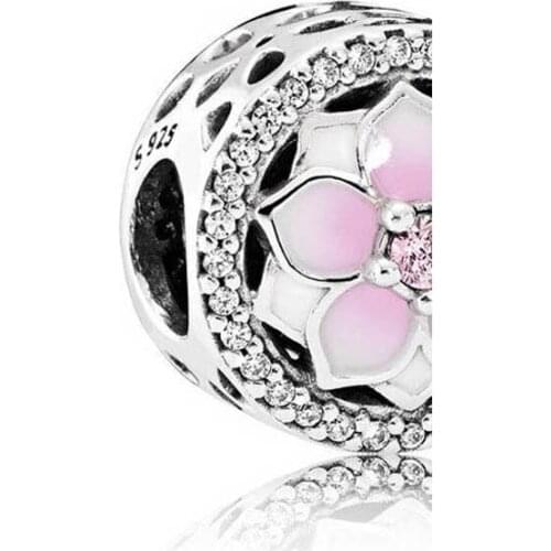 Authentic 925 Sterling Silver Bead Magnolia Bloom Spring Charm Fit Fashion Women Pandora Bracelet Bangle Gift DIY Jewelry