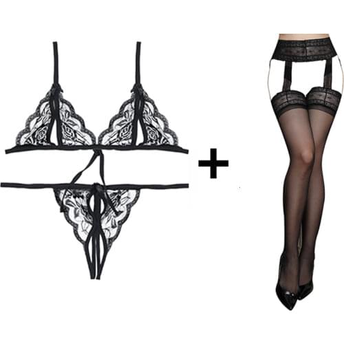 Women Sexy 3 Pieces Lingerie Set Exotic Apparel Black Mesh Bra and Panties Hammock Stocking Exotic Sets 2021