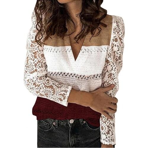 2021 Women Sweater Lace Patchwork Long Sleeve Pullovers Color Block V Neck Pullover Knitted Fabric Sweater Womens Clothing