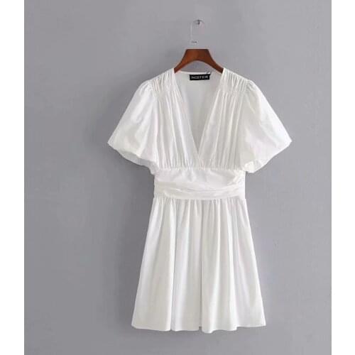 New Pop Summer Women Dress V-neck Puff Sleeves Elastic Waist elegant Casual Vogue Chic Lady Woman Pleated Short Dress