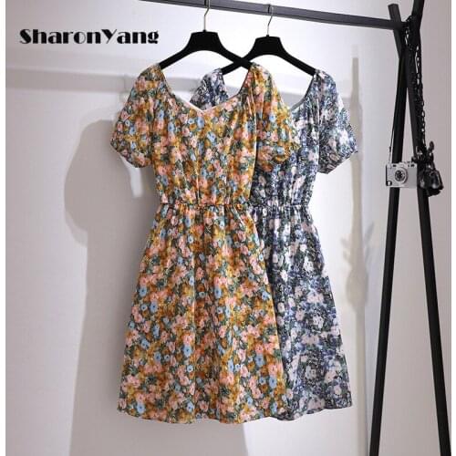 V Neck Slim Waist Print Floral Dress 2021 Summer Plus Size Japan Style Women Dresses Sweet Puff Short Sleeve Vestidos