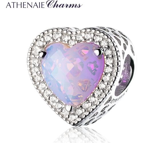 ATHENAIE 925 Sterling Silver Radiant Hearts Charms Beads Pave Opalescent Pink Crystal & Clear CZ Fit Bracelets Women Christmas