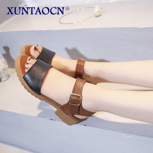 White Peep Toe Dress Low Heels Ladies Fashion Ankle Strap Leather Sandals 2021 Summer Womens Black Daily Work Shoes Size 35-40