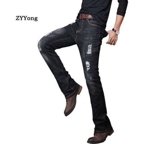 Autumn Retro Ripped Flared Jeans Men Bootcut Denim Pants Casual Slim Boot Cut Elastic And Comfortable Blue Black Trousers
