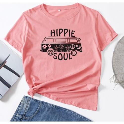 Hippie Soul Hippie Bus Novelty Woman T-Shirt Short Sleeve T-Shirts Summer Tops for Women Cotton Graphic Tee Female Shirt Clothes