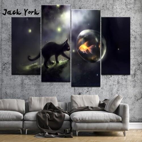 Canvas Painting Whitelotous Night Black Cat 4 Pieces Wall Art Painting Modular Wallpapers Poster Print living room Home Decor