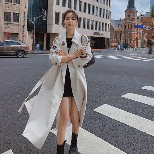 LANMREM Women Trench New Lapel Long Sleeve Loose Fit Windbreaker Fashion Tide Autumn 2021 Beige Lace Up Waist Casual Coat 2W209