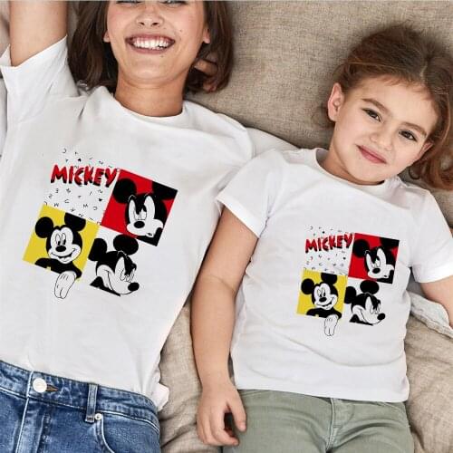 Summer Family Matching Clothes Short Sleeve Casual White O-neck Tshirt Mickey Mouse Minnie Print Mommy And Me Baby Kids T-shirts