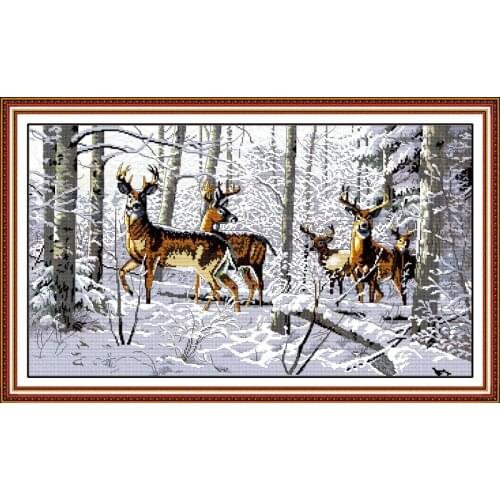 Antelopes in the snow cross stitch kit animal winter 14ct 11ct count printed canvas cotton embroidery DIY handmade needlework