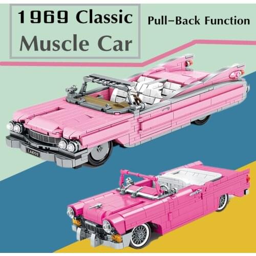 New Classic 1969 Muscle Car Red Vintage Technical Building Blocks Bricks City Pull Back Car Creator Ideas Kid Toys Gifts