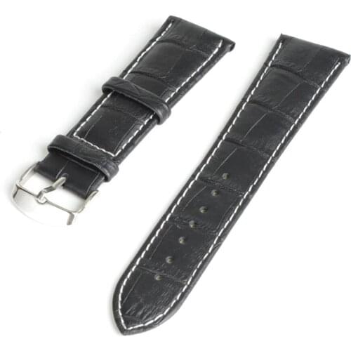 2019 New Durable Black Soft Genuine Leather Watch Band Watch Strap Alloy Buckle White Stitching Grain Calf Watchband Belt 24mm