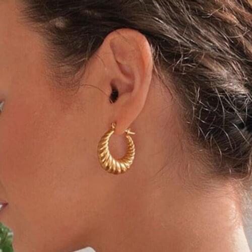 Croissant Screw thread chunky gold hoop earrings for women stainless steel empty lightweight thick minimalist earring fashion