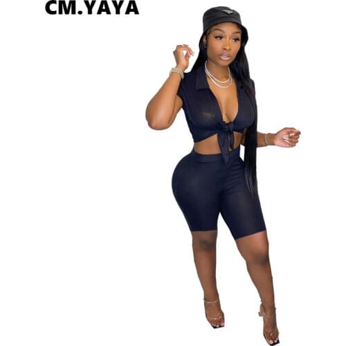 CM.YAYA Women Set Solid Short Sleeve Turn-down Collar Bandage Crop Tops Skinny Shorts Two 2 Piece Sets Tracksuit Summer Outfits