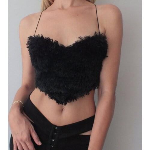 Y2k Top Warm Tank Top Fur Sexy Feather Low-cut Suspenders for Women Lace-up Crossover Strap Backless Suspenders Streetwear