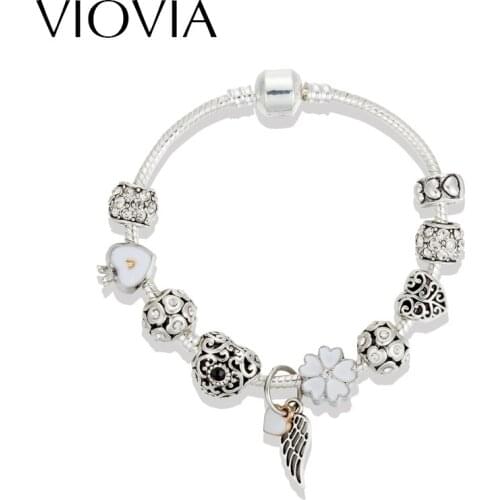 VIOVIA Romantic Vintage Bracelets Antique Silver Color Heart Pendant Bracelets With Wing White Beads Bracelets Jewelry B16162