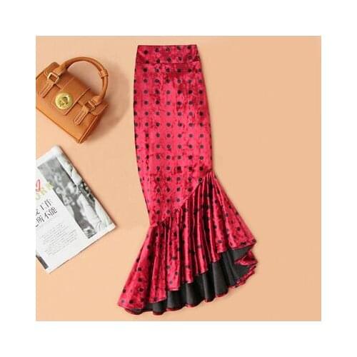 Plus size 4XL!Irregular fishtail skirt high waist women autumn winter package hip red dot ruffles pleuche skirt TB3756