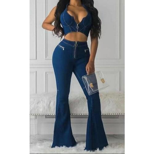 Women Denim 2 Piece Matching Set Sexy Vest Zipper Crop Tops And Pants Suit African Two-piece Suit Summer Jeans Outfits Tracksuit