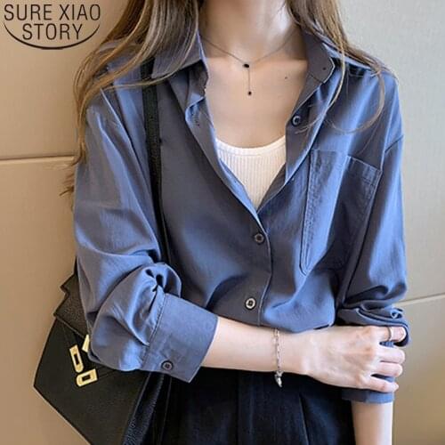 Autumn 2021 Office Lady Loose Shirt Korean Fashion Long Sleeve Shirt Women Solid POLO Collar Cardigan Casual Blouses Tops 10934