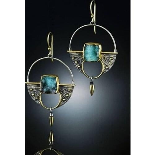 Womens Boho Tribal Hollow Round Bullet Earrings Vintage Pendientes Silver Color Inlaid Blue Resin Stone Dangle Earrings